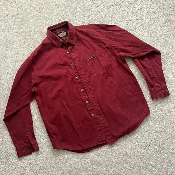 Harley-Davidson Shirt Long Sleeve Red Embroidered Logo Motorcycle Pocket Men L - Picture 10 of 14